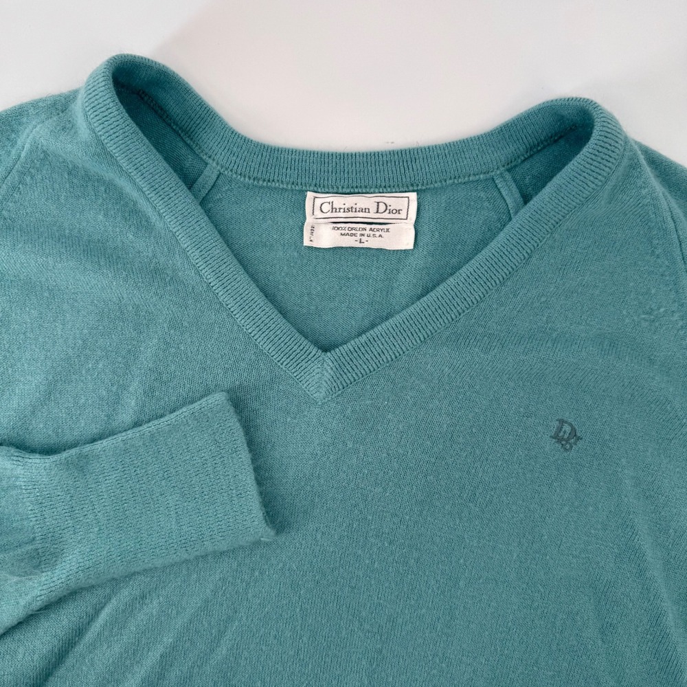 Christian Dior Sweater Mens L Teal Blue V-Neck Orlon Acrylic Vintage Logo